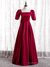 Burgundy Satin Short Sleeve Bow Prom Dress